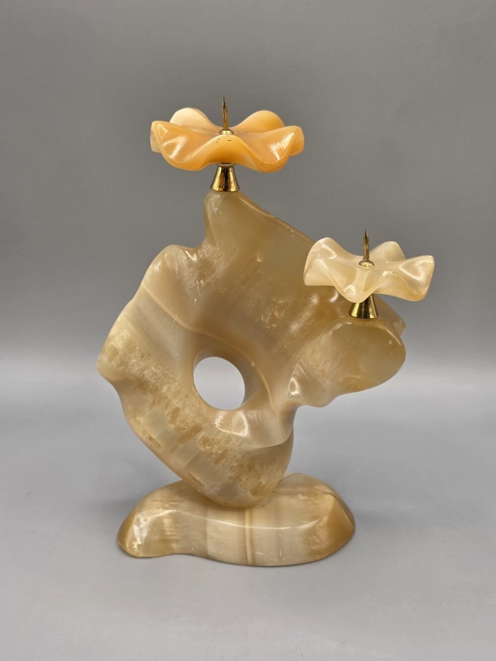 Vintage Carved Onyx Alabaster Flower Candlestick Holder MCM Brutalist Stone